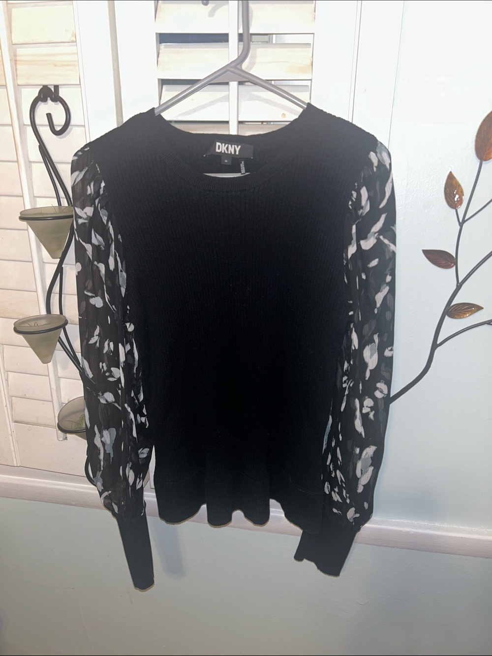 DKNY Black Knit Sweater with Sheer Printed Sleeves
